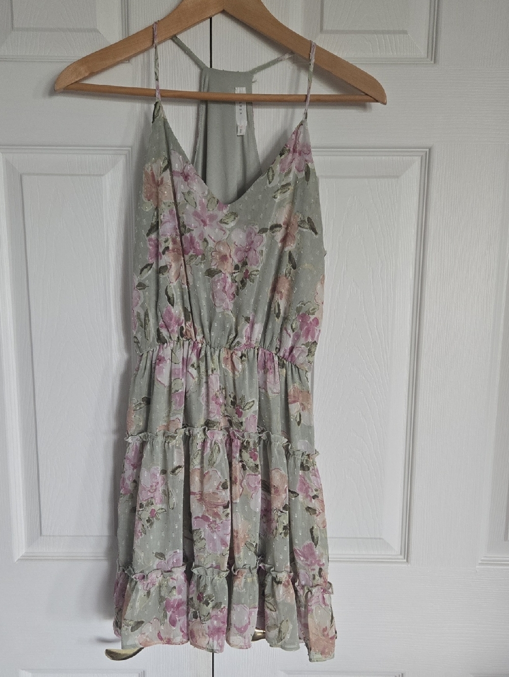Lush Sage Green Floral Tiered Mini Dress with Pink Blooms